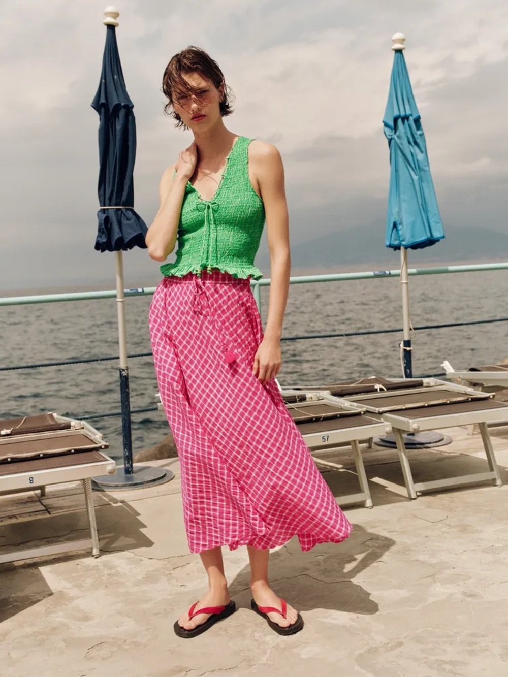 Zara Hot Pink Checked Midi Skirt with Tie Waist